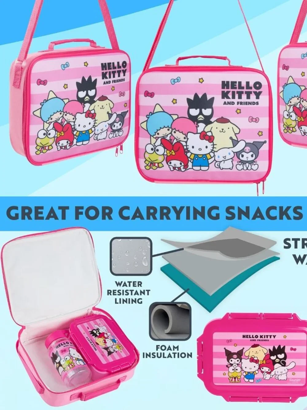 Hello Kitty & Friends 3pc Lunch Set Insulated Bag Lunch Box 400ml Bottle NWT